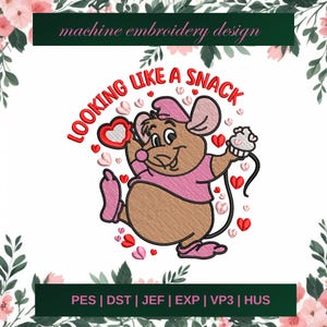Valentine Lookin Like A Snack embroidery designs, Pink mouse machine embroidery designs,Mouse lover embroidery design, cute mouse embroidery