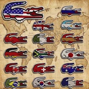 Country Flag Crocodile Embroidered Patch Set, World Flag Alligator Iron On Badges, National Pride Embroidery for Jacket Backpack