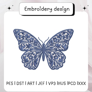 May include: A detailed blue butterfly embroidery design. The butterfly features intricate floral patterns within its wings and the text "Embroidery design" at the top. The design is suitable for various embroidery formats.