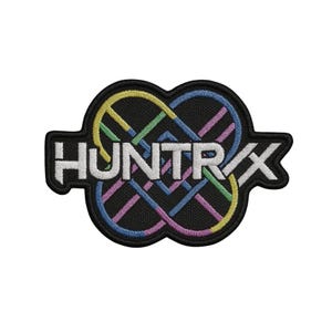 May include: Embroidered patch with the word "HUNTR/X" in white, set against a black background. The design features interwoven lines in yellow, green, blue, and pink, creating a stylized knot.