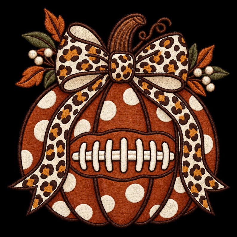 Football Pumpkin Embroidery Design, Leopard Bow Fall Football Machine ...