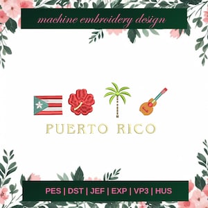 Desenhos de bordado de Porto Rico, desenhos de bordado de máquina de viagem, desenho de bordado de ícone de Porto Rico, padrão de bordado, 3 TAMANHOS - Instantâneo