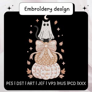 May include: An embroidery design featuring a cat wearing a white ghost sheet, sitting atop a stack of two pumpkins with a large bow. The design includes a crescent moon, stars, and leaves, with the text Embroidery design and file formats PES, DST, ART, JEF, VP3, HUS, PCD, XXX.