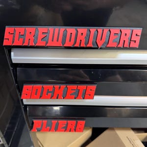 Custom 3D Printed Angled (30 Degrees) Toolbox Labels (Set of 5) - Magnetic Tool Drawer Tags - Personalized Garage & Shop Organization