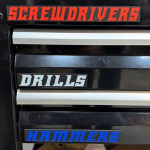 Custom 3D Printed Flat Text Toolbox Labels (Set of 5) - Magnetic Tool Drawer Tags - Personalized Garage & Shop Organization