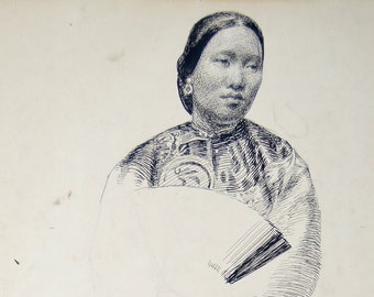 vintage WESTERN AMERICANA pen ink illustration Richard Bush Chinese woman