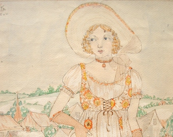 signed HELEN CAVE original illustration pen watercolor arts and crafts movement