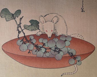 vintage HOSODA EISHI woodblock print  Mouse and Grapes