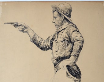 vintage WESTERN AMERICANA pen ink illustration Richard Bush Cowboy gambler