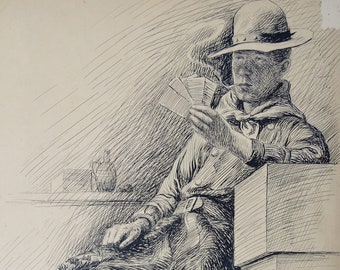 vintage WESTERN AMERICANA pen ink illustration Richard Bush Cowboy gambler