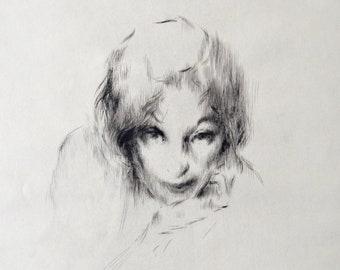 vintage signed ARTHUR HEINTZELMAN drypoint woman’s eerie portrait La Reveuse print