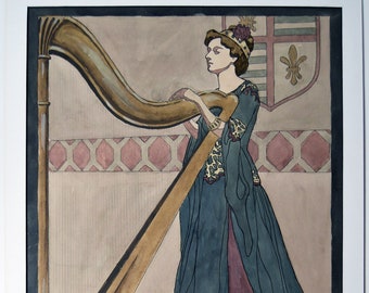 PRE-RAPHAELITE watercolor illustration woman with harp