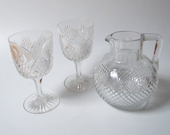 American brilliant cut glass pitcher and 2 matching goblets