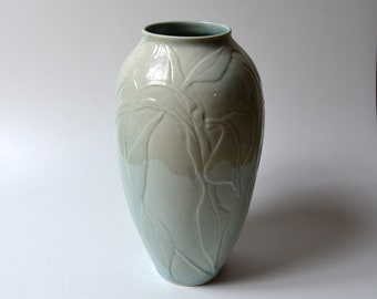 signed TERESA  AMAN carved porcelain celadon vase studio pottery