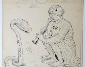 T. E. Powers Editorial Cartoon Original Art PRESIDENT Theodore Roosevelt snake charmer