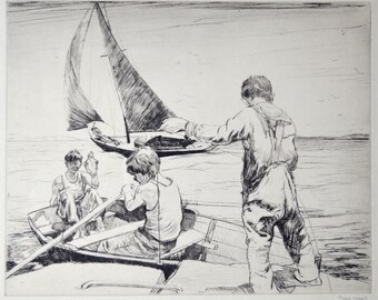 vintage PHILIP KAPPEL etching drypoint marine scene fishing