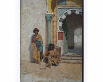 ORIENTALIST PAINTING oil on panel men mosque