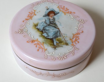 vintage C F Monroe art glass covered box Little Bo Peep