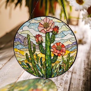 Blooming cactus stained glass suncatcher desert window decor gift for nature loving friend