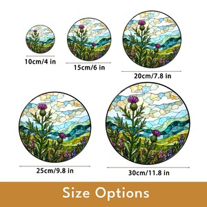a collection of five circular images, each depicting a different landscape scene. The images vary in size, ranging from 10cm/4 in to 30cm/11.8 in. The images are arranged in a grid format, with each row representing a different size option. The size options are labeled next to each corresponding image, providing a clear visual representation of the different sizes available for viewing or interpretation.