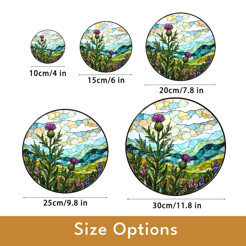 a collection of five circular images, each depicting a different landscape scene. The images vary in size, ranging from 10cm/4 in to 30cm/11.8 in. The images are arranged in a grid format, with each row representing a different size option. The size options are labeled next to each corresponding image, providing a clear visual representation of the different sizes available for viewing or interpretation.