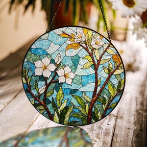 White Blossom Tree Round Suncatcher Stained Glass Window Hanging Gift for Nature Lover