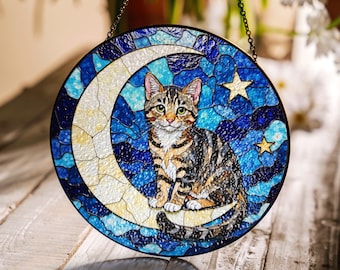 Cat on Crescent Moon Stained Glass Suncatcher Moon Stars Gift for Cat Lovers