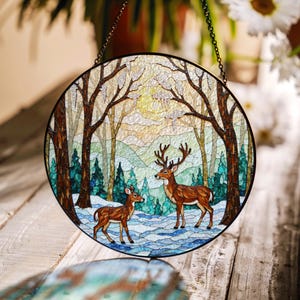 Deer Forest Scene Stained Glass Suncatcher Window Hanging Woodland Decor Gift for Nature Lover