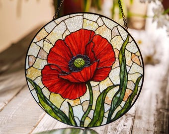 Red poppy flower stained glass round suncatcher nature window decor gift for garden lover