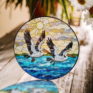 Flying pelicans ocean stained glass suncatcher window hanging coastal decor gift for bird lovers