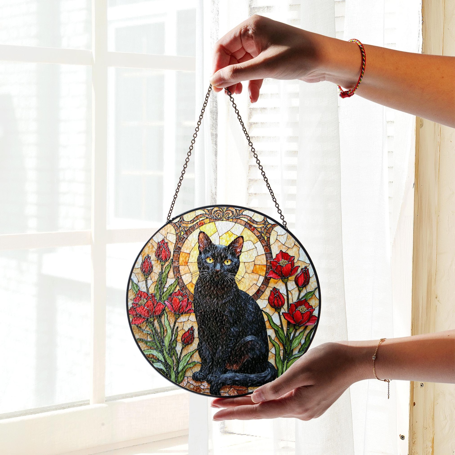 Black Cat Stained Glass Suncatcher With Red Flowers Perfect Gift for ...