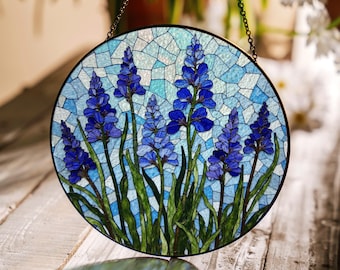 Purple lavender floral stained glass suncatcher window decor gift for flower lovers