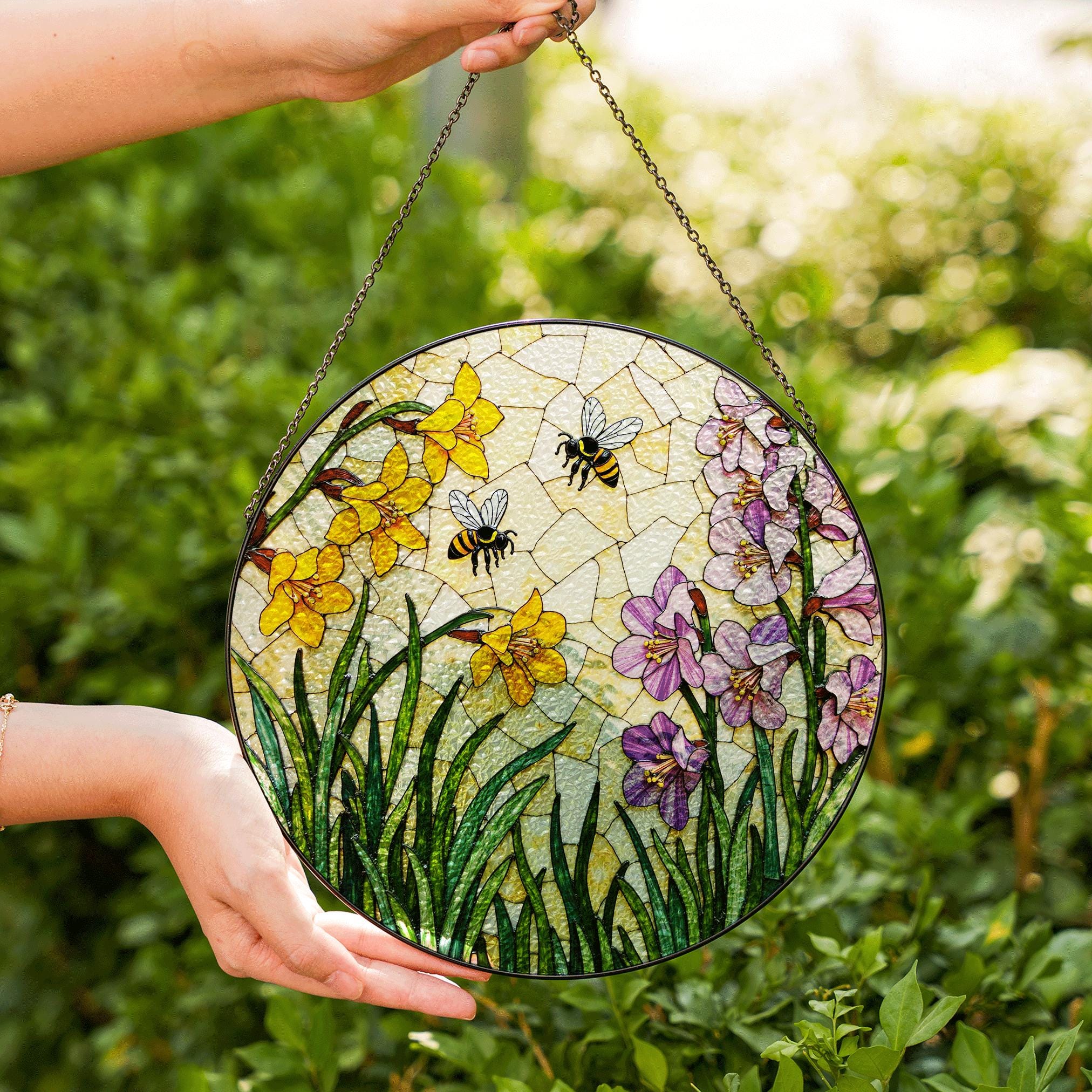 Acchiappasole in vetro colorato dipinto a mano con api e fiori, decorazione da giardino per casa, giardino, regalo di inaugurazione della casa