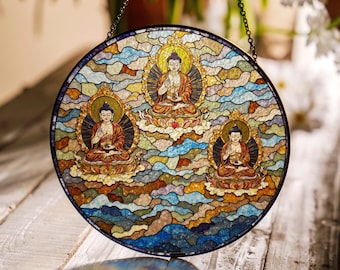 Three Buddha stained glass suncatcher spiritual window hanging Buddhist decor gift for meditation lovers