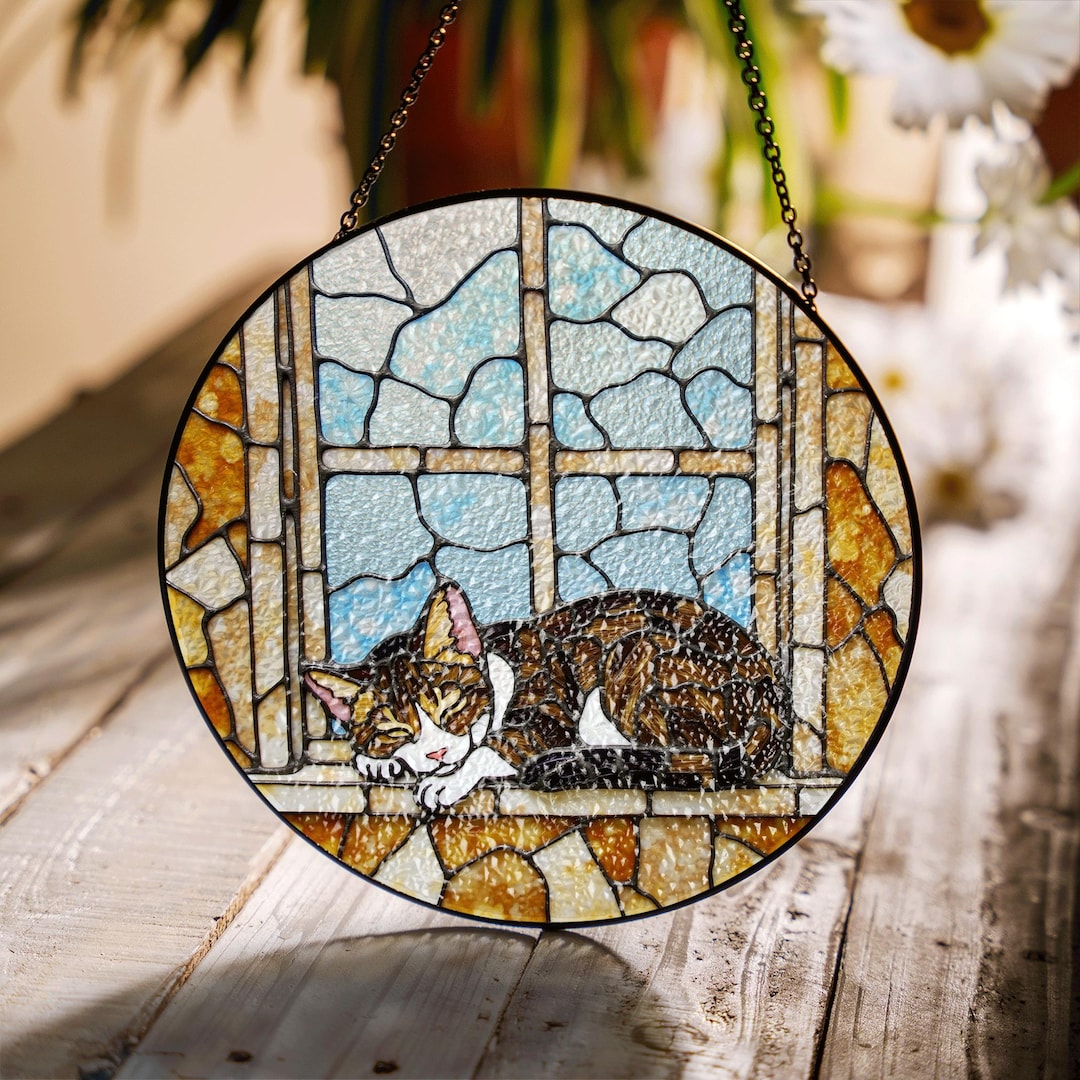 Stained Glass Cat Suncatcher Window Art Handcrafted Kitty Relaxing Gift ...