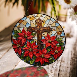 Stained Glass Cross Poinsettia Suncatcher Christian Window Decor Gift for Mom