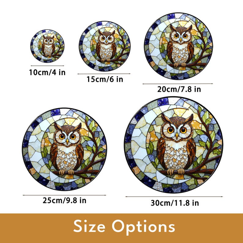 the size options for a stained glass owl