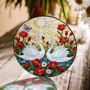 Swans In Red Poppies Round Stained Glass Suncatcher Gift For Anniversary Or Couple