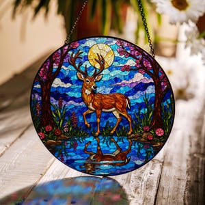 Majestic Deer Moonlit Forest Suncatcher Nature Window Decor Gift for Nature Lovers