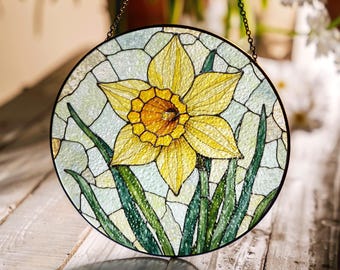 Yellow Daffodil Stained Glass Suncatcher Window Art Gift for Flower Lovers