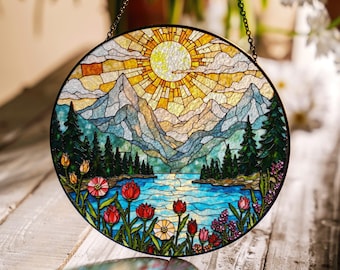 Mountain Lake Wildflower Art Suncatcher Stained Glass Style Window Decor Gift for Nature Lover Mom Birthday