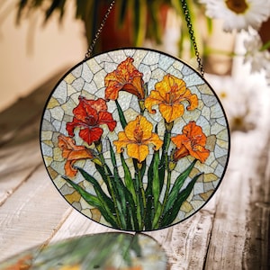 Stained Glass Floral Suncatcher with Yellow and Orange Flowers, Stained Glass Art, Spring Home Decor, Gift for Mom or Flower Lover