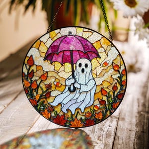 Suncatcher glas-in-lood geest met paraplu Halloweencadeau