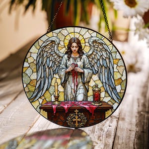 Suncatcher stained glass angel at altar Christian home decor gift for mom Christmas gift