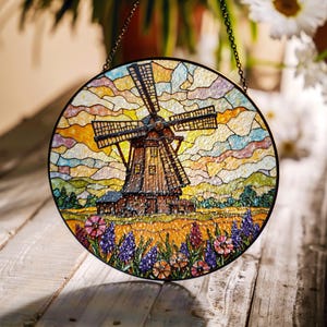 Stained Glass Windmill Sun Catcher with Flowers for Home Decor, Unique Gift for Nature Lovers, Window Hanging Decoration