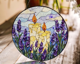 Lavender Candle Stained Glass Suncatcher Window Hanging Gift for Mom Birthday Present
