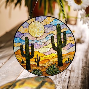 Sunset desert cactus suncatcher round stained glass window decor gift for mom birthday or housewarming