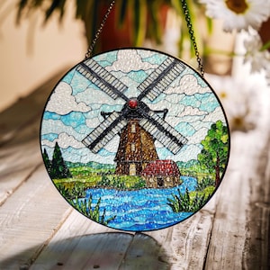 Stained Glass Windmill Suncatcher Handmade Window Decor Gift for Nature Lovers