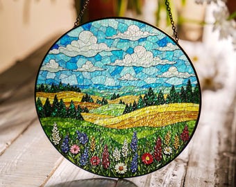 ステンドグラスパネル　お花の間に映る丘の風景 鮮やかな木々と起伏のある丘陵が描かれた美しいステンドグラスの風景