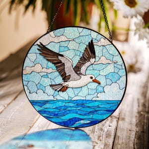 Seagull over ocean stained glass suncatcher round window decor gift for beach lover or Mother’s Day